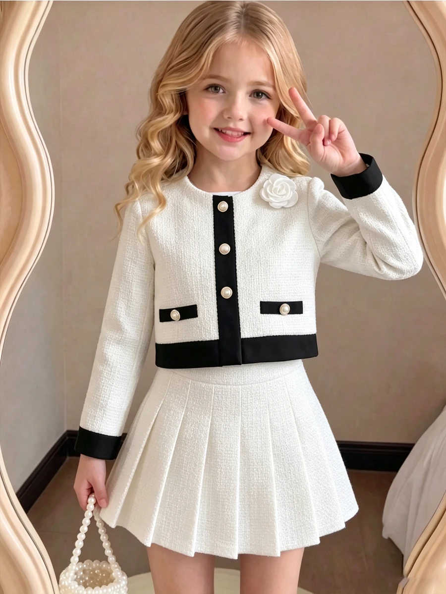 Baby Girls' New Fashionable Round-Neck Long-Sleeve Jacket With 3D Floral Design And Pearl Buttons, Paired With A White Pleated Skirt - Black and White - View 1