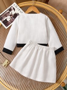 Baby Girls' New Fashionable Round-Neck Long-Sleeve Jacket With 3D Floral Design And Pearl Buttons, Paired With A White Pleated Skirt - Black and White - View 2