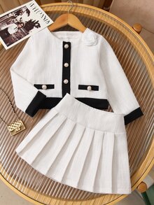 Baby Girls' New Fashionable Round-Neck Long-Sleeve Jacket With 3D Floral Design And Pearl Buttons, Paired With A White Pleated Skirt - Black and White - View 3