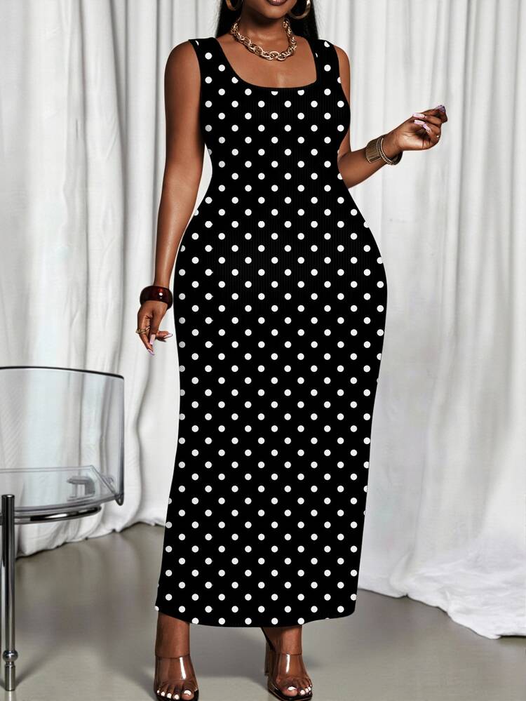 Maweii Plus Size Black Ribbed White Polka Dot Scoop Neck Sleeveless Stretch Bodycon Maxi Tank Dress Women Lightweight Summer Daily Going Out Beach Sundress - Multicolor - View 3