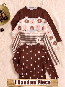 1 Random Piece Girls Cute Brown Grape Ribbed Ruffle Hem Ribbed Semi-High Neck Long Sleeve T-Shirt, Spring Autumn Winter Base Layer Top - Multicolor - View 3