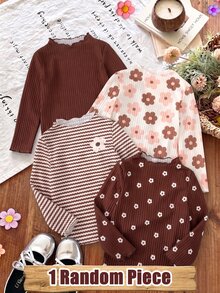 1 Random Piece Girls Cute Brown Grape Ribbed Ruffle Hem Ribbed Semi-High Neck Long Sleeve T-Shirt, Spring Autumn Winter Base Layer Top - Multicolor - View 1