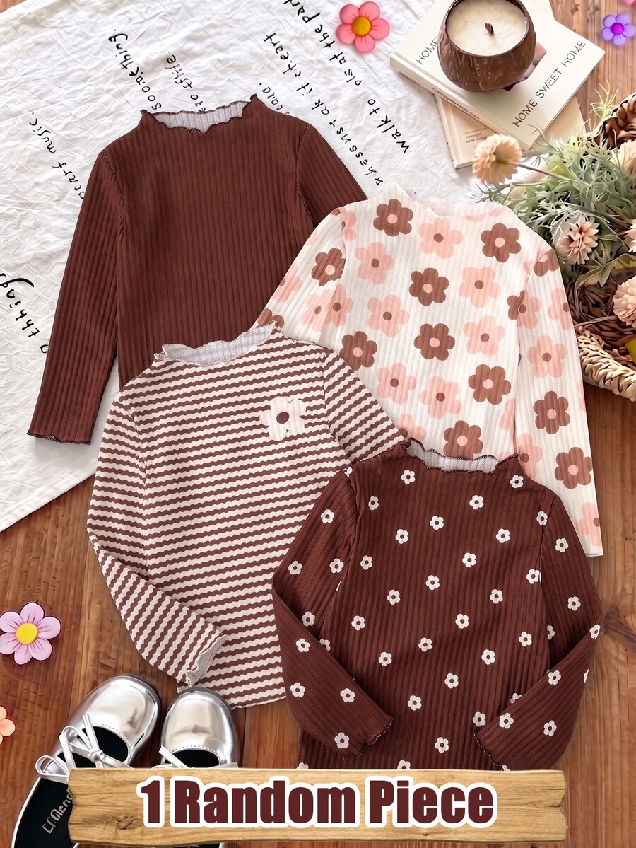 1 Random Piece Girls Cute Brown Grape Ribbed Ruffle Hem Ribbed Semi-High Neck Long Sleeve T-Shirt, Spring Autumn Winter Base Layer Top - Multicolor - View 1