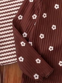 1 Random Piece Girls Cute Brown Grape Ribbed Ruffle Hem Ribbed Semi-High Neck Long Sleeve T-Shirt, Spring Autumn Winter Base Layer Top - Multicolor - View 5