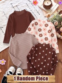 1 Random Piece Girls Cute Brown Grape Ribbed Ruffle Hem Ribbed Semi-High Neck Long Sleeve T-Shirt, Spring Autumn Winter Base Layer Top - Multicolor - View 2