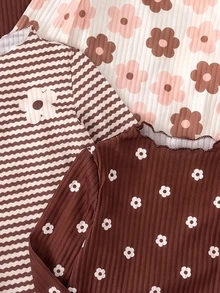 1 Random Piece Girls Cute Brown Grape Ribbed Ruffle Hem Ribbed Semi-High Neck Long Sleeve T-Shirt, Spring Autumn Winter Base Layer Top - Multicolor - View 4