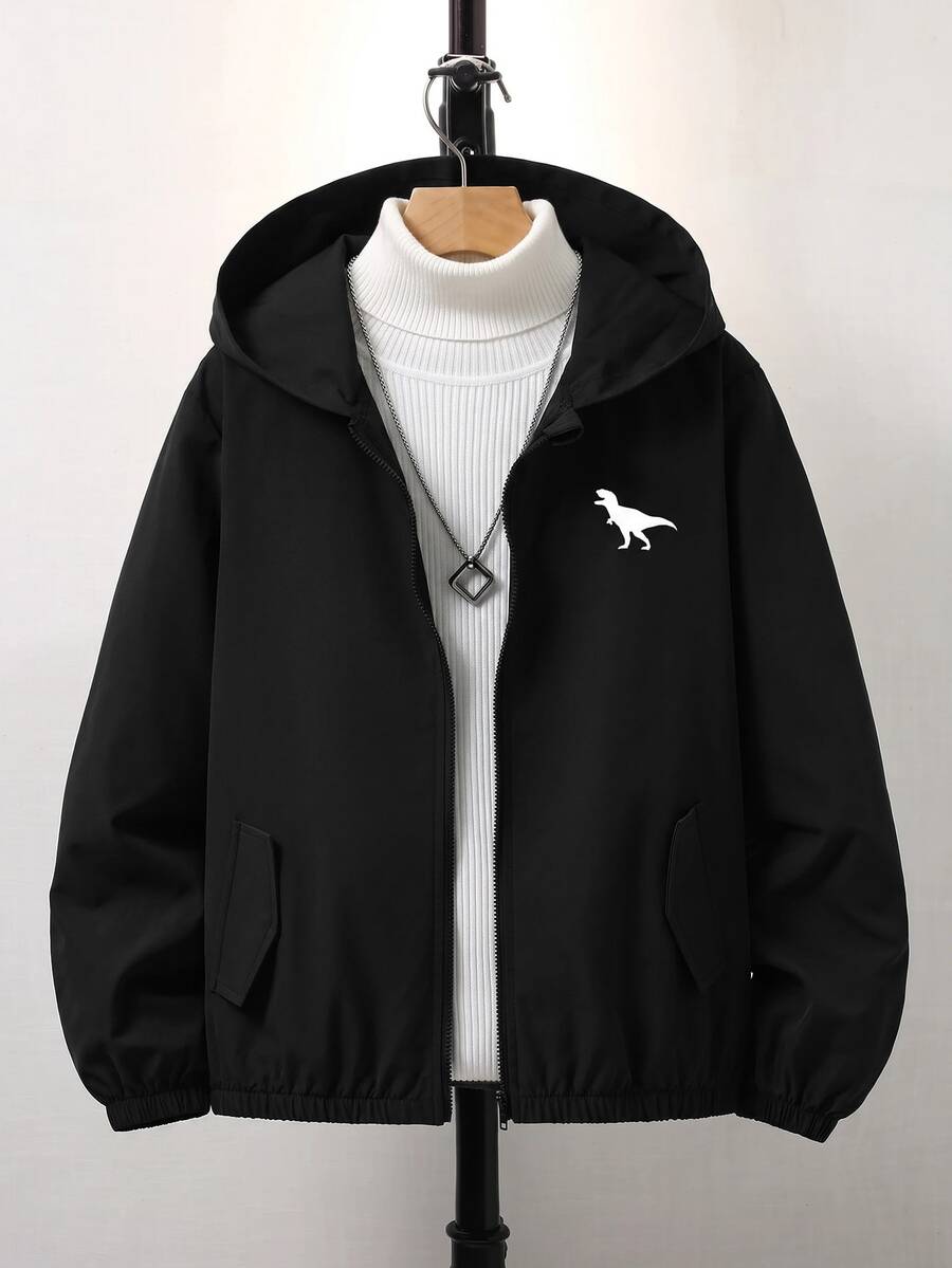 SHEIN 兒童青少年男孩黑色秋季休閒百搭卡通恐龍動物圖案連帽長袖外套,適合秋冬、學校、家庭聚會、開學季、運動、玩耍、生日派對、拍照、度假、節日 - 黑色 - 查看 1