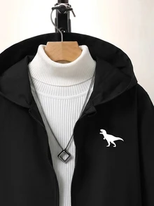 SHEIN 兒童青少年男孩黑色秋季休閒百搭卡通恐龍動物圖案連帽長袖外套，適合秋冬、學校、家庭聚會、開學季、運動、玩耍、生日派對、拍照、度假、節日 - 黑色 - 查看 3