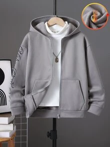 SHEIN Little Byeori 青少年男孩灰色極簡剪影手寫字母花卉圖案運動衫，休閒學院風舒適時尚極簡實用百搭柔軟面料，適合日常穿著、上學、旅行、戶外運動，秋冬款 - 灰色 - 查看 2