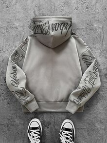 SHEIN Little Byeori 青少年男孩灰色極簡剪影手寫字母花卉圖案運動衫，休閒學院風舒適時尚極簡實用百搭柔軟面料，適合日常穿著、上學、旅行、戶外運動，秋冬款 - 灰色 - 查看 4