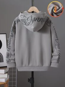 SHEIN Little Byeori 青少年男孩灰色極簡剪影手寫字母花卉圖案運動衫，休閒學院風舒適時尚極簡實用百搭柔軟面料，適合日常穿著、上學、旅行、戶外運動，秋冬款 - 灰色 - 查看 3