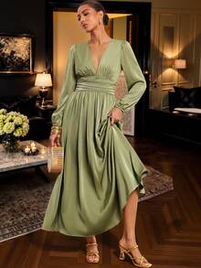 Amorya Women's Elegant Solid Color Dress For Party Dinner Night Formal Dinner Cocktail Wedding Olive Green Autumn Wedding Wedding - Green - View 7