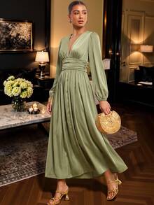 Amorya Women's Elegant Solid Color Dress For Party Dinner Night Formal Dinner Cocktail Wedding Olive Green Autumn Wedding Wedding - Green - View 5