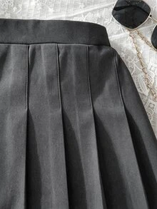 SHEIN 青少年女孩素色抓皺短款休閒裙，適合度假、夏季、旅行 - 灰色 - 查看 3