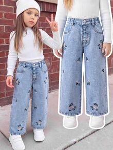 SHEIN Young Girl Casual Everyday Denim Jeans With Pocket, Button And Floral Embroidery Pattern - Blue - View 3
