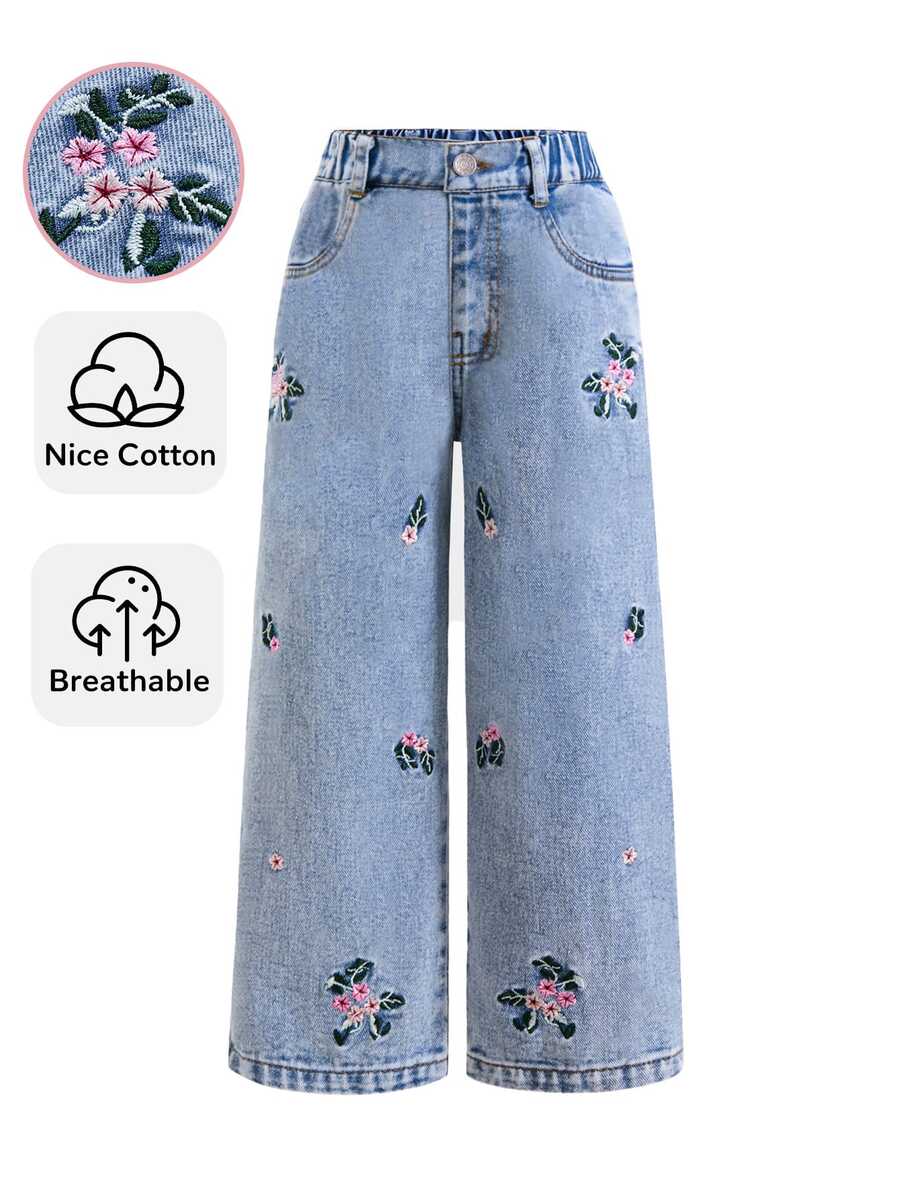 SHEIN Young Girl Casual Everyday Denim Jeans With Pocket, Button And Floral Embroidery Pattern - Blue - View 1