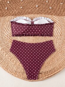 SHEIN Swim Conjunto de bikini de verano con volantes florales, escote sin tirantes y colgante de perla delicado con cordón para vacaciones en la playa - Multicolor - Ver 2