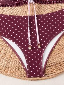 SHEIN Swim Conjunto de bikini de verano con volantes florales, escote sin tirantes y colgante de perla delicado con cordón para vacaciones en la playa - Multicolor - Ver 5