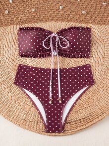 SHEIN Swim Conjunto de bikini de verano con volantes florales, escote sin tirantes y colgante de perla delicado con cordón para vacaciones en la playa - Multicolor - Ver 3