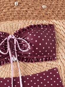 SHEIN Swim Conjunto de bikini de verano con volantes florales, escote sin tirantes y colgante de perla delicado con cordón para vacaciones en la playa - Multicolor - Ver 6