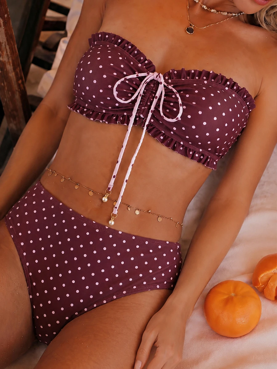 SHEIN Swim Conjunto de bikini de verano con volantes florales, escote sin tirantes y colgante de perla delicado con cordón para vacaciones en la playa - Multicolor - Ver 1