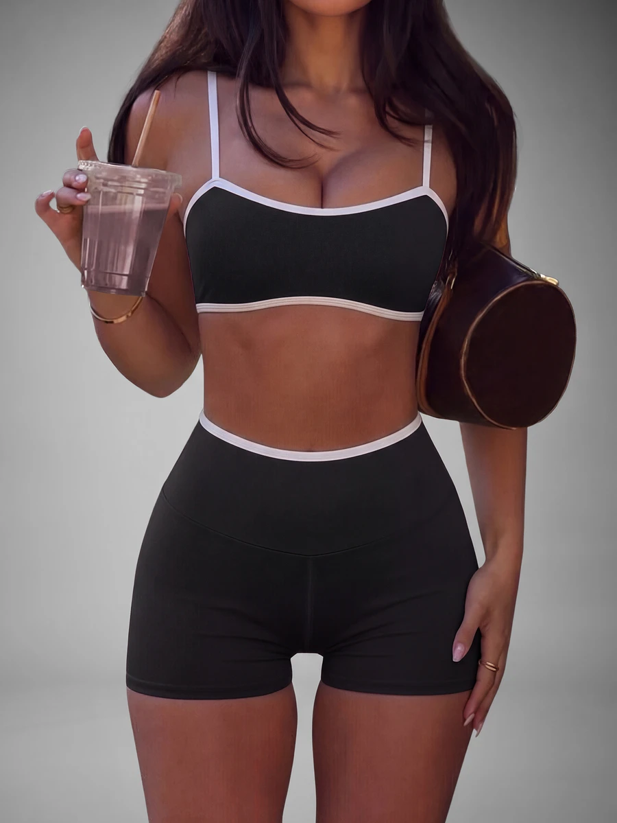 Slayform Slayform Women's Colorblock Trim Ultra Short Camisole & Shorts Sports Set - Black and White - View 1