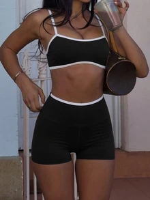Slayform Slayform Women's Colorblock Trim Ultra Short Camisole & Shorts Sports Set - Black and White - View 5