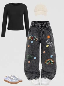 SHEIN 年轻女孩的新款黑灰色牛仔裤，甜美云朵、彩虹、太阳、星星涂鸦印花，时尚设计，休闲别致，简约百搭，灰色水洗直筒牛仔裤 - 深灰色 - 查看 1