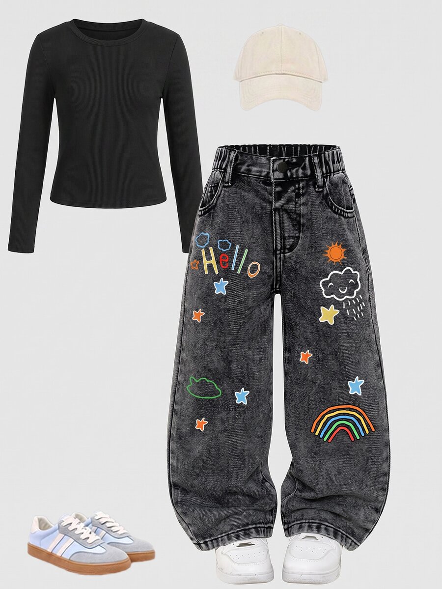 SHEIN 年轻女孩的新款黑灰色牛仔裤,甜美云朵、彩虹、太阳、星星涂鸦印花,时尚设计,休闲别致,简约百搭,灰色水洗直筒牛仔裤 - 深灰色 - 查看 1