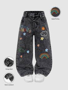 SHEIN 年轻女孩的新款黑灰色牛仔裤，甜美云朵、彩虹、太阳、星星涂鸦印花，时尚设计，休闲别致，简约百搭，灰色水洗直筒牛仔裤 - 深灰色 - 查看 6