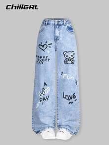 SHEIN 青少年女孩 Y2K 風格復古水洗效果愛心熊文字塗鴉印花休閒時尚寬鬆直筒牛仔褲 學校假期淺藍色 - 淺色水洗藍 - 查看 8