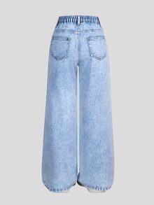 SHEIN 青少年女孩 Y2K 風格復古水洗效果愛心熊文字塗鴉印花休閒時尚寬鬆直筒牛仔褲 學校假期淺藍色 - 淺色水洗藍 - 查看 2