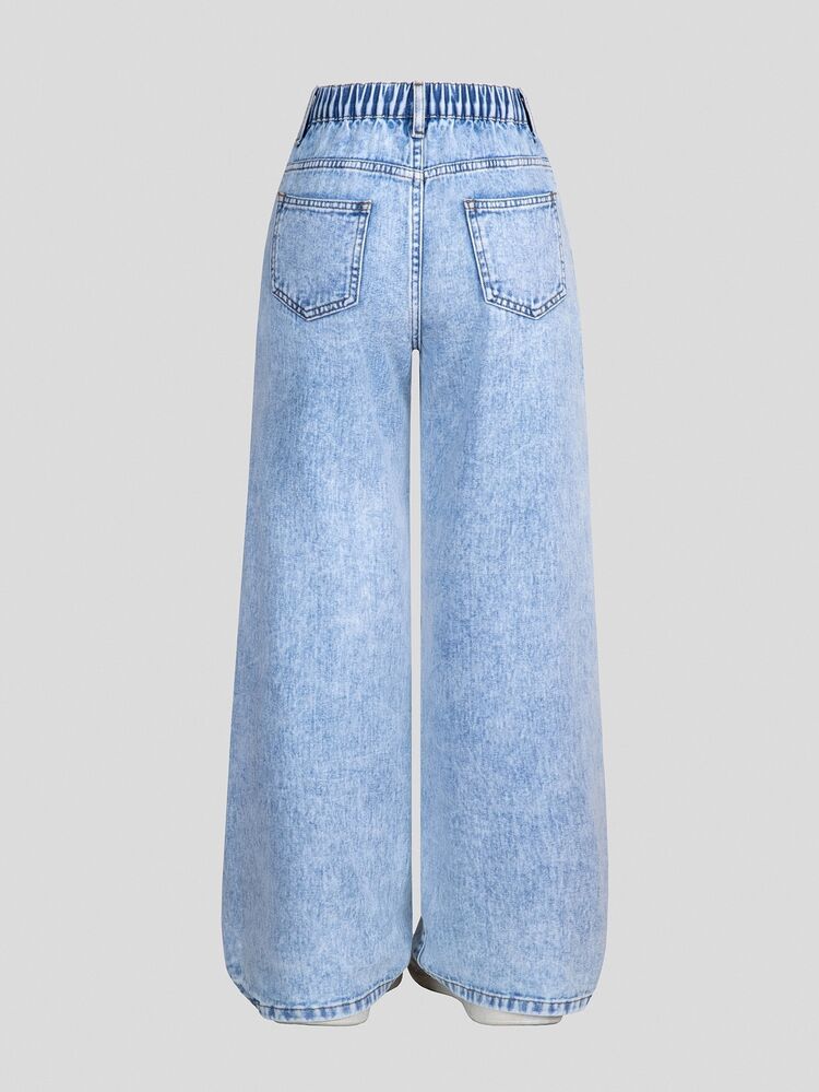 SHEIN Tween Girls Y2K Style Vintage Washed Effect Heart Bear Text Graffiti Print Casual Fashion Loose Straight Leg Denim Jeans School Holiday Light Blue - Light Wash - View 2