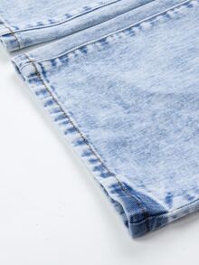 SHEIN 青少年女孩 Y2K 風格復古水洗效果愛心熊文字塗鴉印花休閒時尚寬鬆直筒牛仔褲 學校假期淺藍色 - 淺色水洗藍 - 查看 4