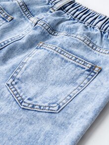 SHEIN 青少年女孩 Y2K 風格復古水洗效果愛心熊文字塗鴉印花休閒時尚寬鬆直筒牛仔褲 學校假期淺藍色 - 淺色水洗藍 - 查看 5