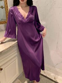 DAZY 女款蕾絲拼接V領露背七分袖睡裙 - 紫色 - 查看 3