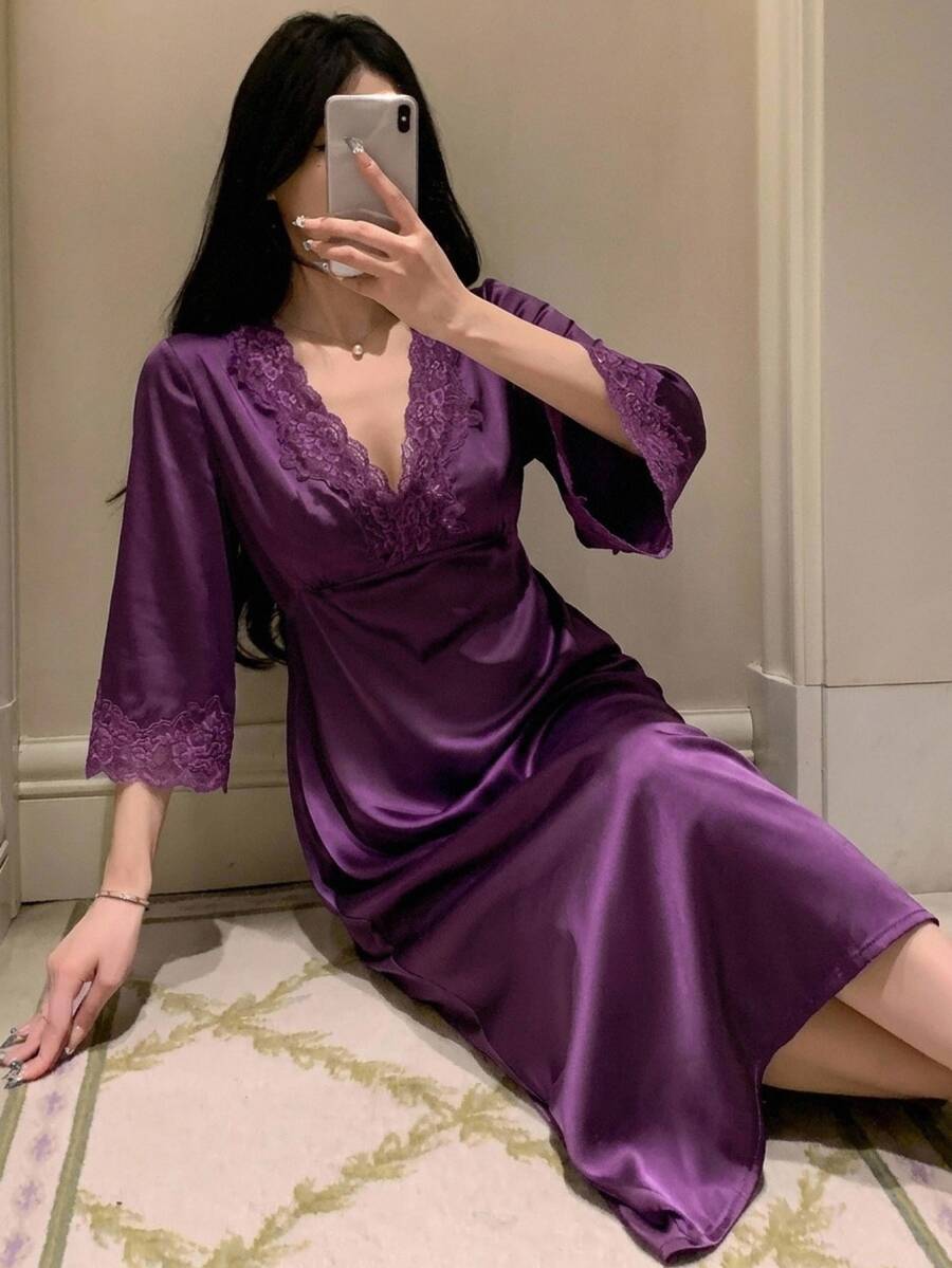 DAZY Women's Lace Patchwork V-Neck Backless 3/4 Sleeve Nightgown - Purple - View 1