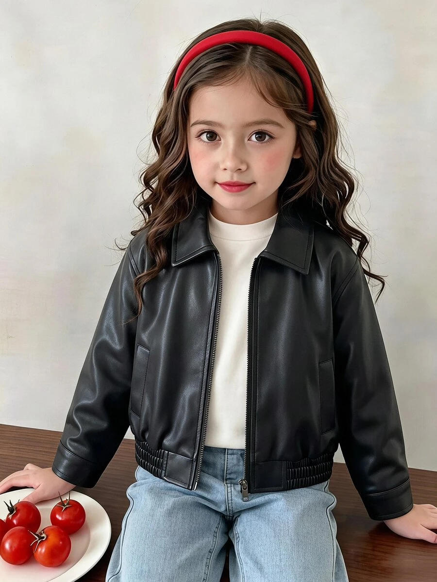 SHEIN Elladie kids 女款寬鬆黑色時尚街頭 PU 皮革長袖薄款夾克,秋季休閒舒適日常穿搭 - 黑色 - 查看 1
