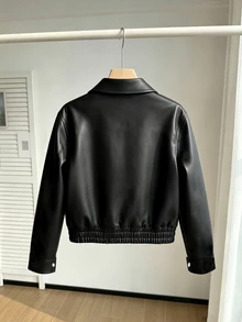 SHEIN Elladie kids 女款寬鬆黑色時尚街頭 PU 皮革長袖薄款夾克，秋季休閒舒適日常穿搭 - 黑色 - 查看 6