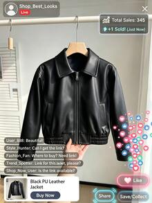 SHEIN Elladie kids 女款寬鬆黑色時尚街頭 PU 皮革長袖薄款夾克，秋季休閒舒適日常穿搭 - 黑色 - 查看 3