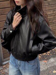 SHEIN Elladie kids 女款寬鬆黑色時尚街頭 PU 皮革長袖薄款夾克，秋季休閒舒適日常穿搭 - 黑色 - 查看 4