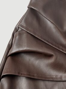 SHEIN MOD Women Fashionable Brown Faux Leather Wide Leg Pants With Crossover Waist Detail,Wide Leg Pants For Women,Fall And Winter High-Waisted Pants - Coffee Brown - View 6
