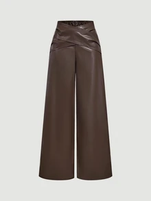 SHEIN MOD Women Fashionable Brown Faux Leather Wide Leg Pants With Crossover Waist Detail,Wide Leg Pants For Women,Fall And Winter High-Waisted Pants - Coffee Brown - View 3