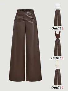 SHEIN MOD Women Fashionable Brown Faux Leather Wide Leg Pants With Crossover Waist Detail,Wide Leg Pants For Women,Fall And Winter High-Waisted Pants - Coffee Brown - View 2