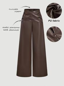 SHEIN MOD Women Fashionable Brown Faux Leather Wide Leg Pants With Crossover Waist Detail,Wide Leg Pants For Women,Fall And Winter High-Waisted Pants - Coffee Brown - View 1