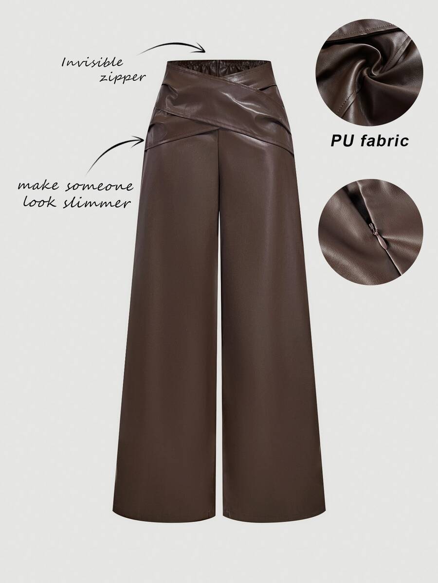 SHEIN MOD Women Fashionable Brown Faux Leather Wide Leg Pants With Crossover Waist Detail,Wide Leg Pants For Women,Fall And Winter High-Waisted Pants - Coffee Brown - View 1