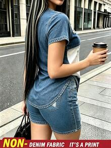 Rovax Women's Streetwear Crew Neck Short Sleeve Top And Shorts Denim Effect 2 Pieces Set - Multicolor - View 2
