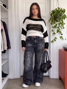 Comfortcana 大尺碼拼接鏤空針織毛衣 秋季萬聖節 - 黑與白 - 查看 2