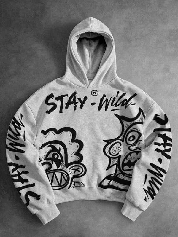 Manfinity EMRG Men's Light Gray Short Hoodie, Black Graffiti Cartoon Portrait & STAY WILD Letter Print Pullover, Vintage Streetwear Y2K Style Casual Jacket, Suitable For Concerts, Festivals, Outings And Gatherings