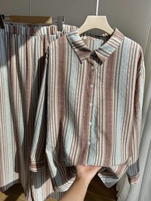 Comfortcana Plus Size Women Casual Striped Long Sleeve Shirt And Pants Set Fall - Blue - View 4